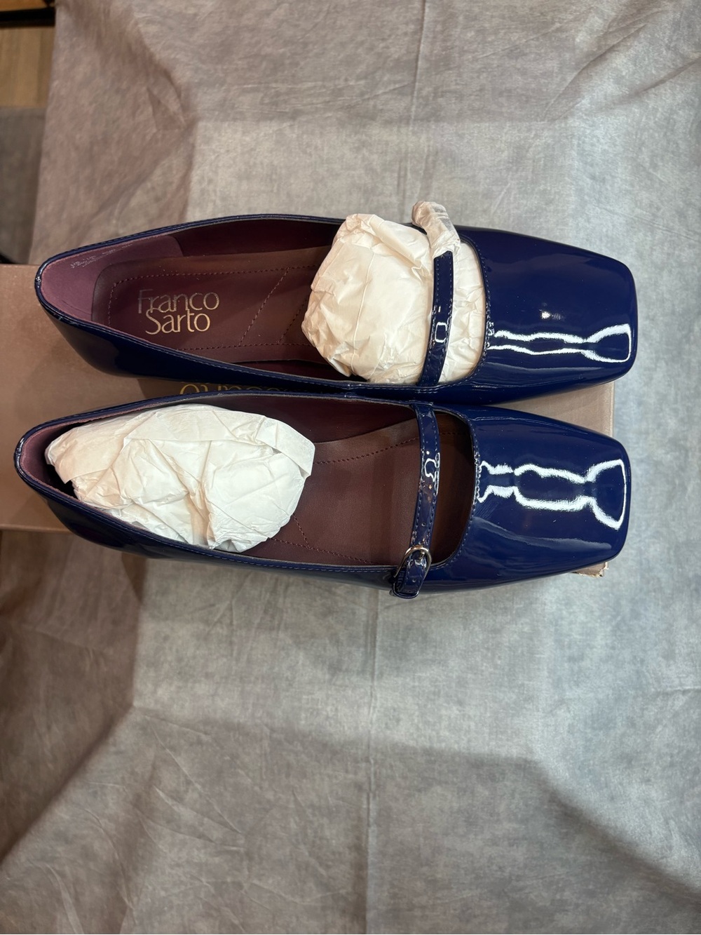 Franco Sarto Navy Patent Square-Toe Mary Jane Flats-WIDE
